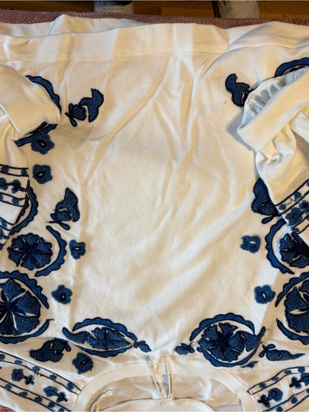 Anthropologie White Sweatshirt with Navy Floral Embroidery